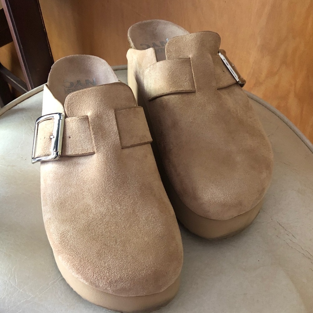 Tan Suede Platform Clogs with Silver Buckle - Picture 6 of 9